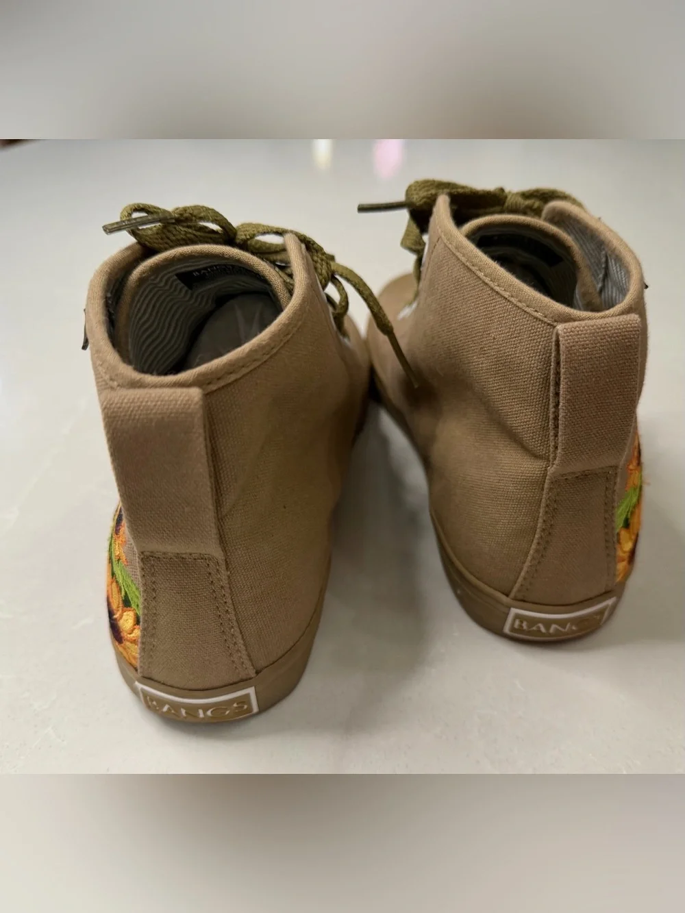 BANGS Shoes Old Pine Sunflower Embroidered Canvas High Top Sneakers, Women’s 8